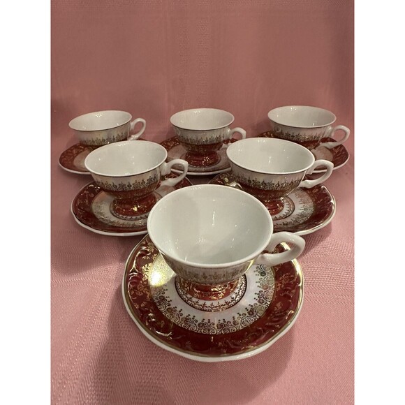 VNTG Set of 6 Porcelana SCHMIDT Brasil Espresso Cups -Multicolor Burgundy Gold - Picture 4 of 12